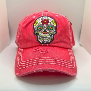 Embroidered Sugar Skull Pink Vintage Style Distressed Ball Cap